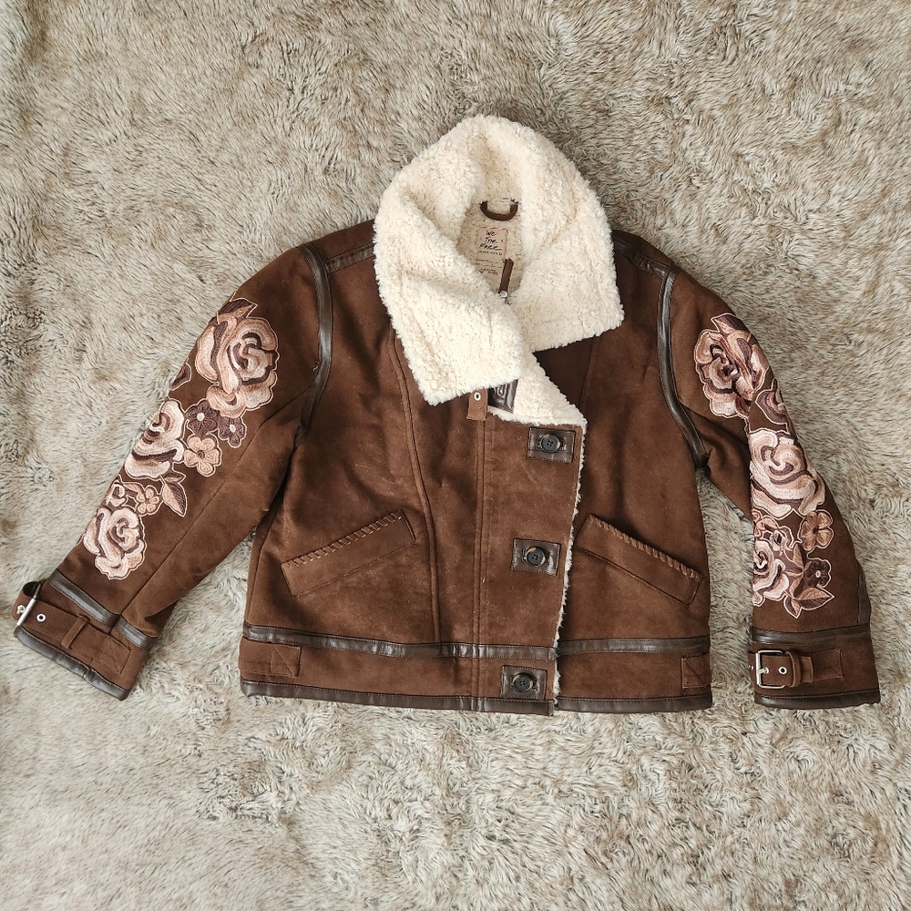 We The Free Andies Vegan Moto‎ Jacket Brown Bear Combo Women's Size Small - Picture 3 of 16